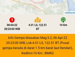 Gempa kembali mengguncang Wilayah Kota Kendari 06 April , Berikut Info Gempa Bulan April 2022